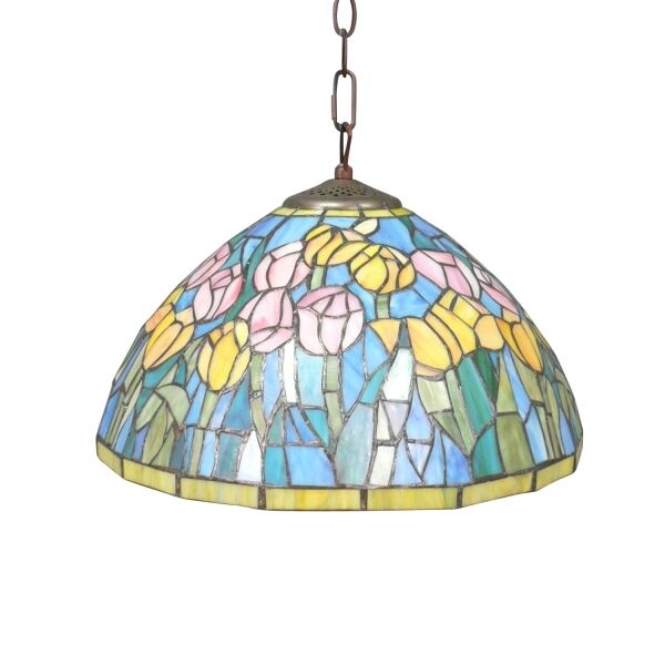 Tiffany-tyylinen kattokruunu sininen tausta tulppaanien kanssa