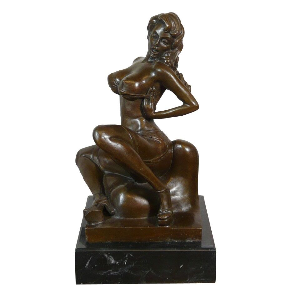 Erotic bronze statue of a seated nude woman -