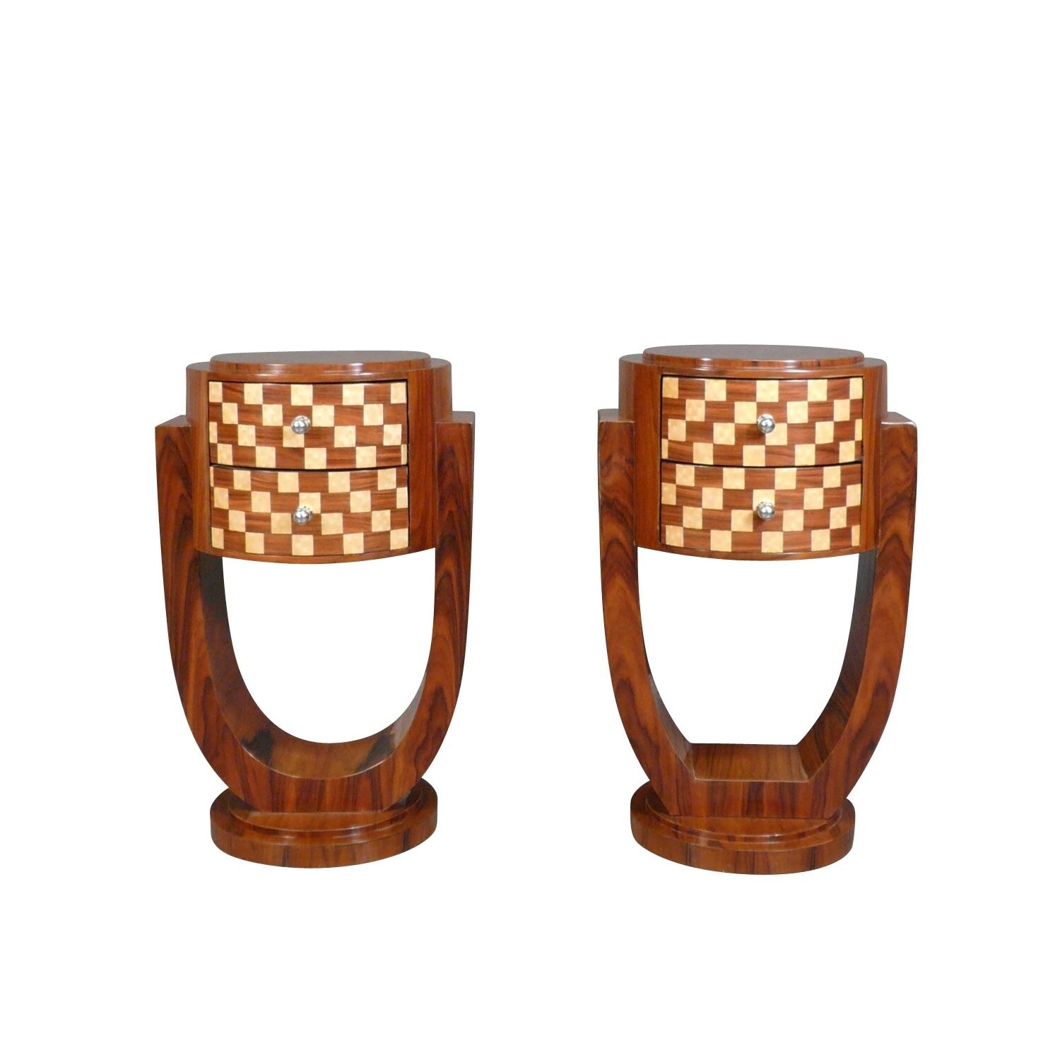Pair of art deco bedside tables with checkerboard decor