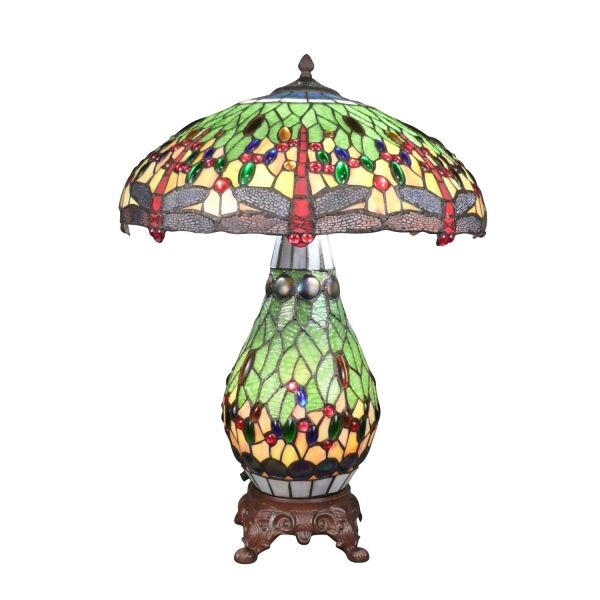 Tiffany Dragonfly Lamp with Illuminated Base and Green Stained Glass Shade