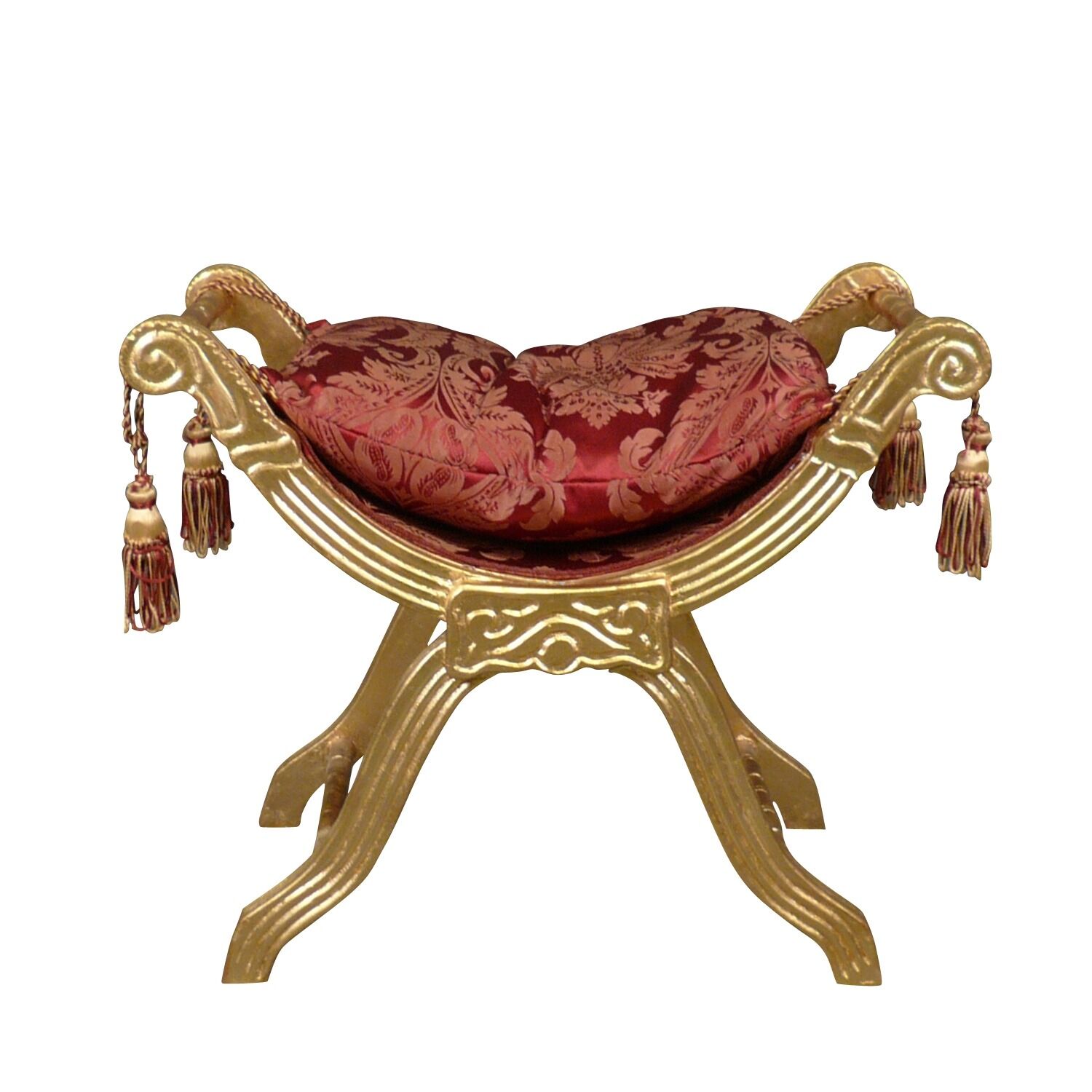 Baroque style bench with red floral fabric in gilded wood -