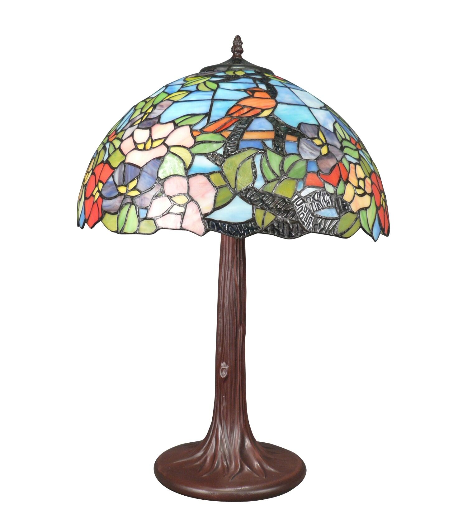 Tiffany-Lampe mit blauem Hintergrund und Vogel, große Tiphanie-Buntglaslampe im Louis Comfort Tiffany-Stil, bronzefarbener patinierter Metallfuß