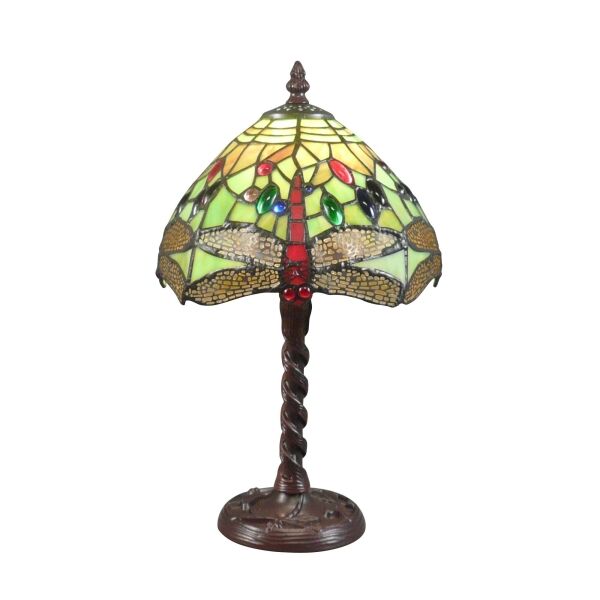 Candeeiro Green Dragonfly Tiffany com pé de metal patinado em bronze, vitral decorativo