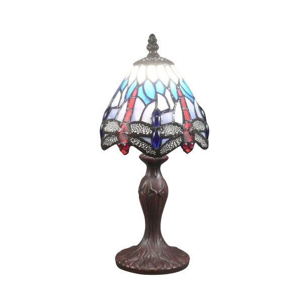 Candeeiro pequeno Tiffany Dragonfly em vidro americano, design inspirado em Louis Comfort Tiffany, ideal como candeeiro de cabeceira ou de secretária