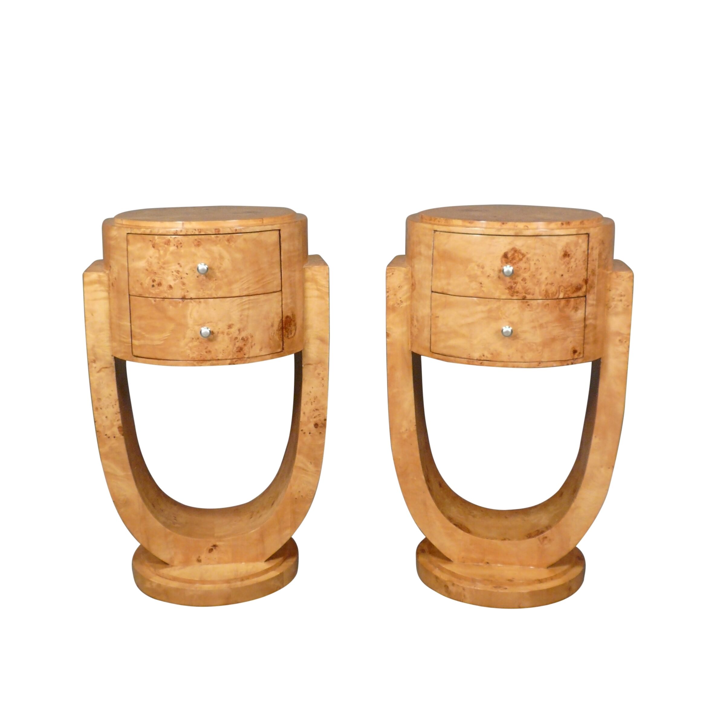 Pair of art deco bedside tables in elm burl