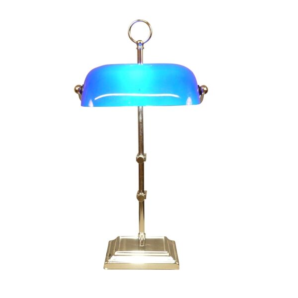 Blaue Tiffany-Bankierlampe, Design der 1930er Jahre, verchromter Metallsockel, Art-Deco-Stil, eine goldene Gelegenheit!