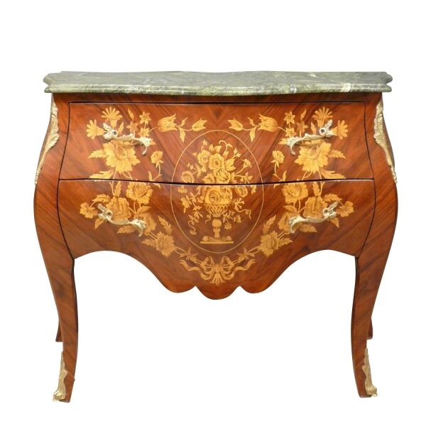 Commode style Louis XV en marqueterie dessus marbre vert pas cher