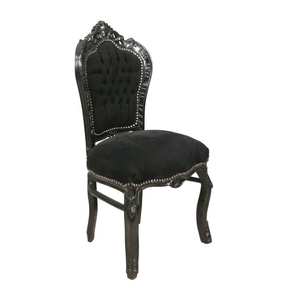 Chaise baroque noire 2 Chaise baroque noire avec structure en bois sculptée, revêtement en velours noir, idéale pour la table, style Louis XV