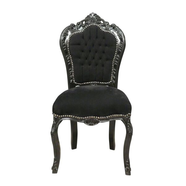 Chaise baroque noire 1 Chaise ancienne de style baroque Louis XV, structure en bois massif, velours noir