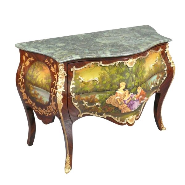 Commode Louis XV peinte 2 Commode style Louis XV avec une scène galante peinte