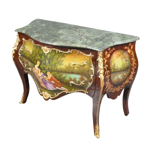 Commode Louis XV peinte 4 Commode Louis XV 2 tiroirs avec une scène galante peinte