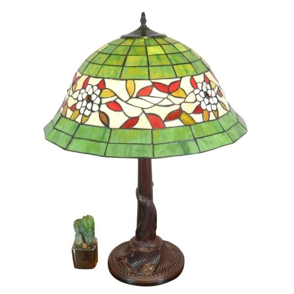 Lampe Tiffany vitrail vert blanc et rouge 2 Lampe Tiffany avec un vitrail vert et blanc