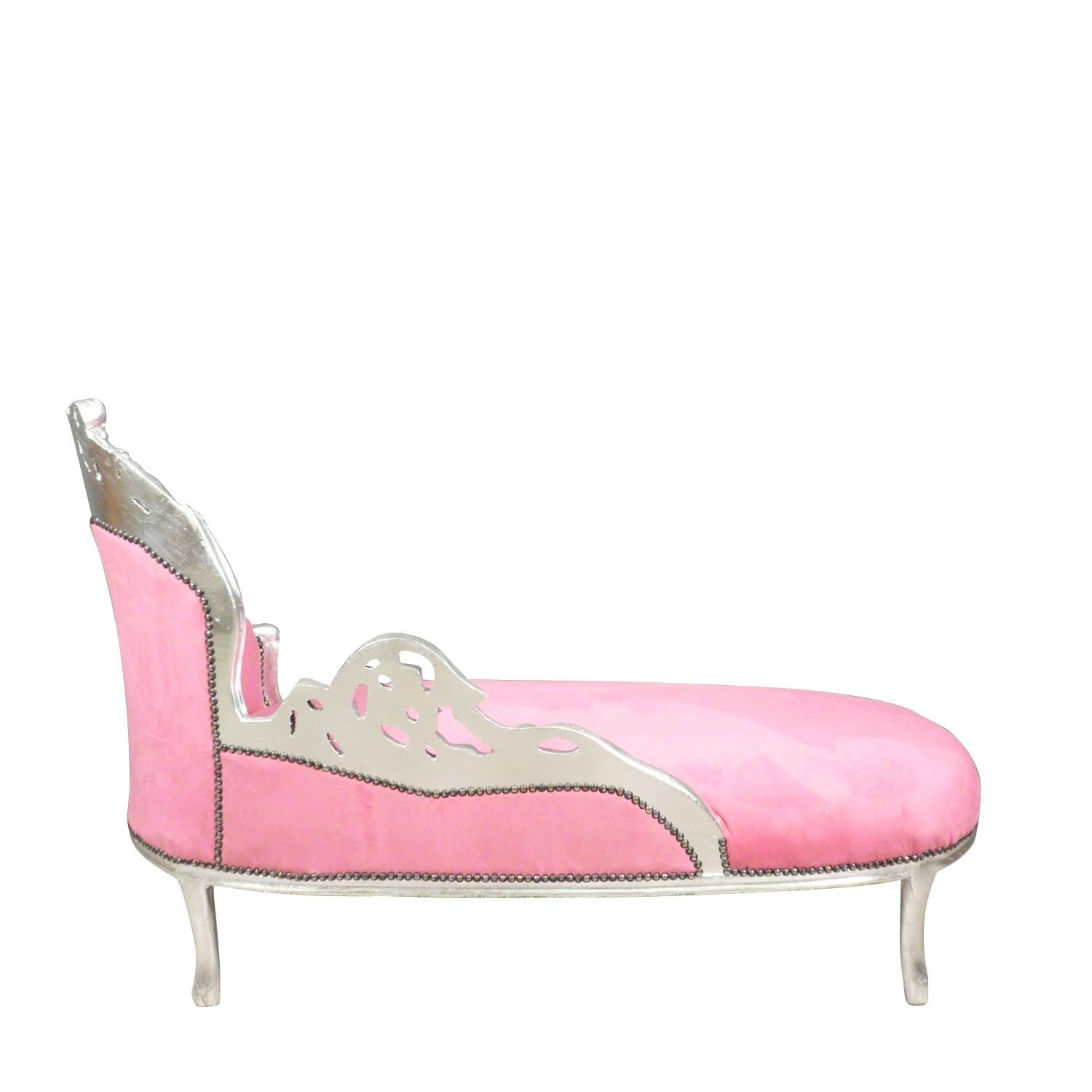 Méridienne baroque rose et argent 2 Méridienne baroque rose et argent, fauteuil, chaise, canapé en stock -