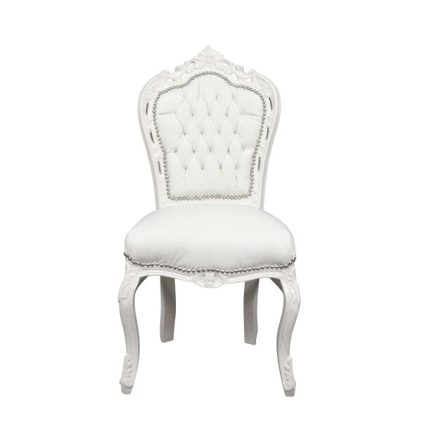 Chaise baroque blanche - pas chère en simili cuir et bois de hêtre massif sculpté