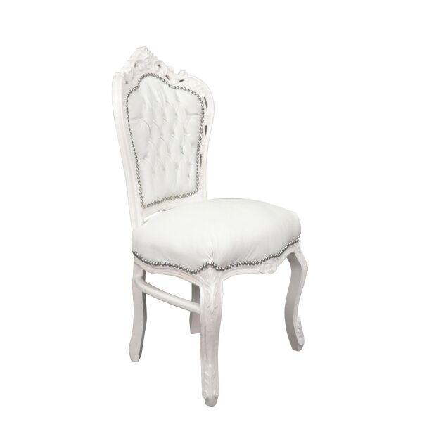 Chaise baroque blanche 2 Chaise élégante de style baroque en bois sculpté et tissu blanc pvc de style simili-cuir