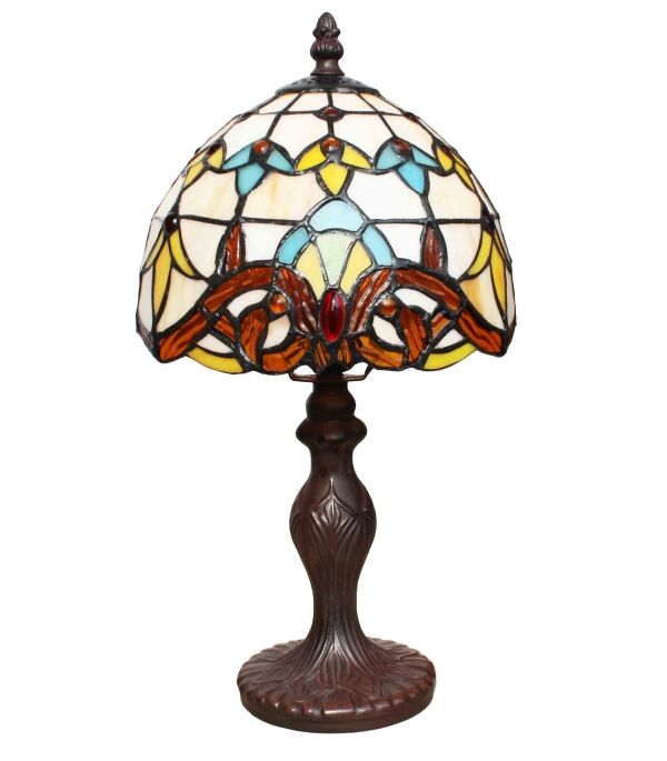 Lampe Tiffany Paris, vitrail art nouveau, pied en métal patiné bronze, abat-jour en verre blanc, bleu, vert et jaune