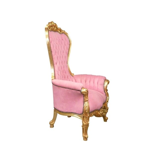 Fauteuil baroque rose modèle trône 2 Fauteuil baroque rose modèle trône en bois doré -