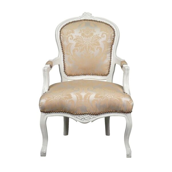 Fauteuil Louis XV bois blanc et tissu satiné