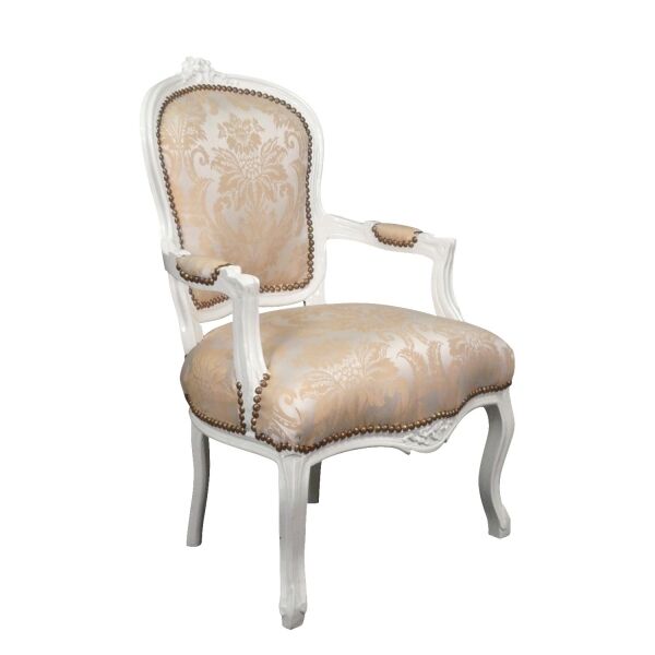 Fauteuil Louis XV bois blanc et tissu satiné 3 Fauteuil Louis XV de style ancien