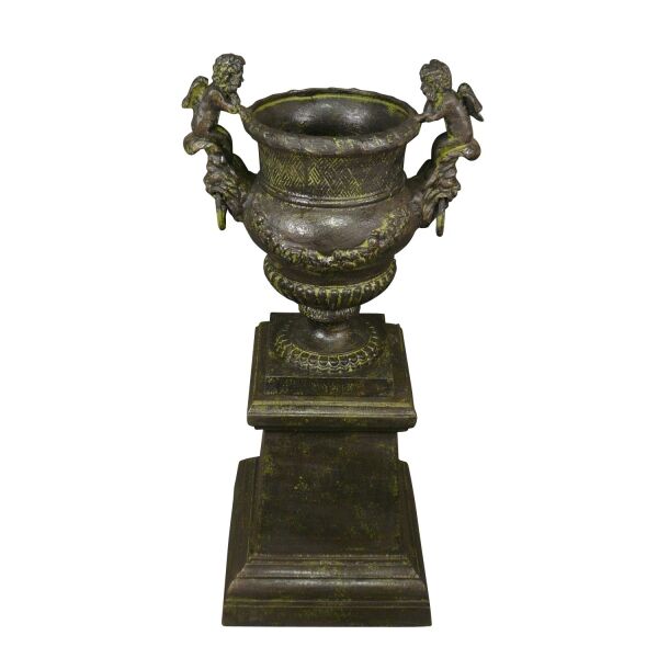 Vase en fonte aux Angelots avec son socle - H: 95 cm 2 Vase en fonte aux Angelots avec son socle - H: 95 cm - Vasequs Médicis