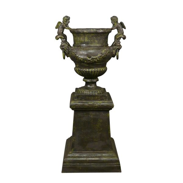 Vase en fonte aux Angelots avec son socle - H: 95 cm -  Vasque Medicis