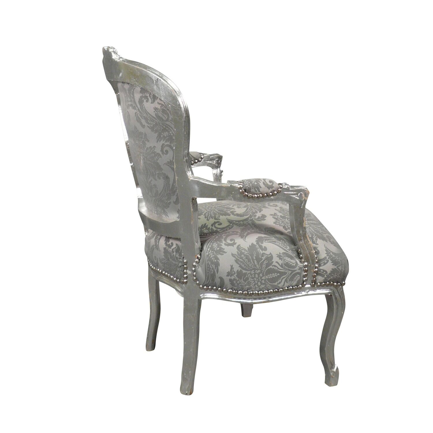 Fauteuil Louis XV gris satiné 2 Fauteuil Louis XV tissu velours gris - Sièges de style en bois massif -