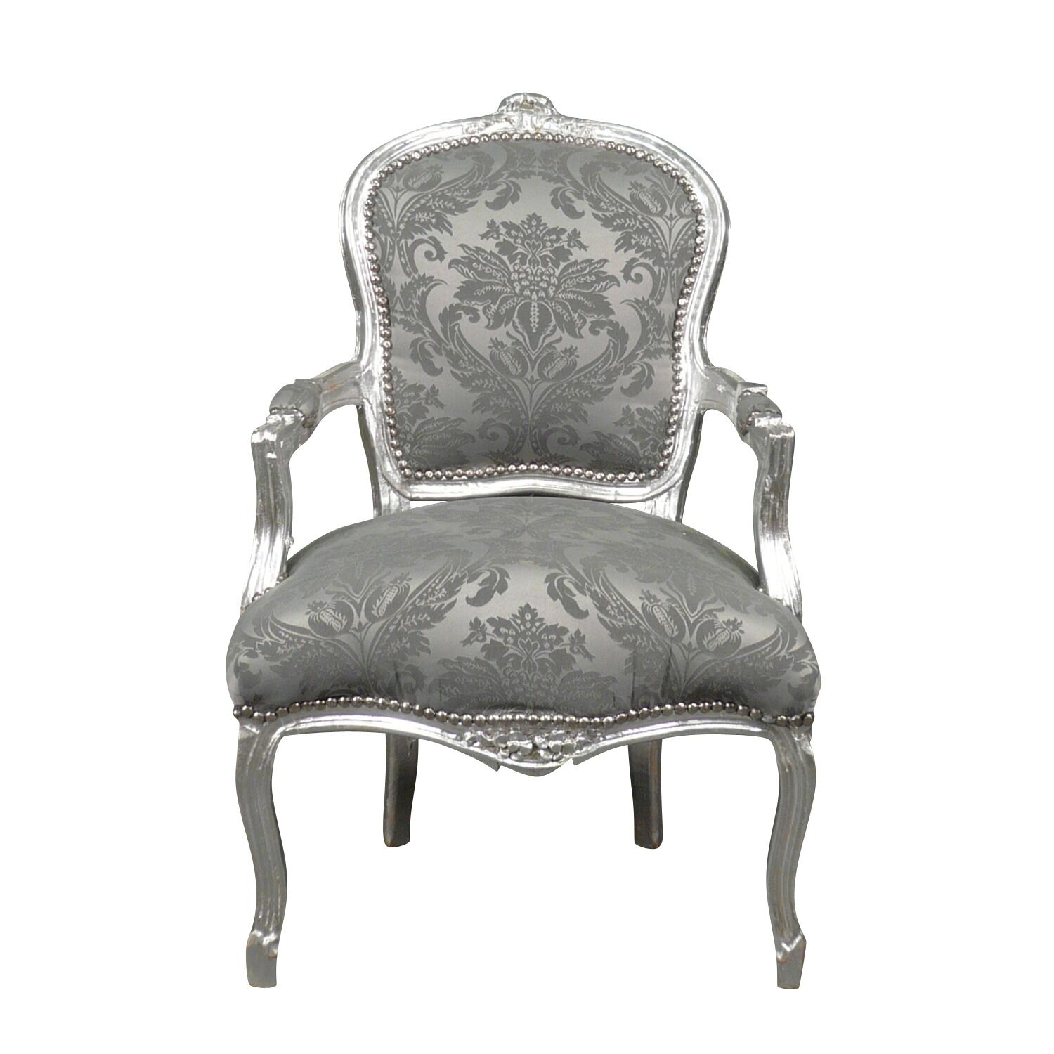 Fauteuil Louis XV gris satiné 1 Fauteuil Louis XV tissu velours gris - Sièges de style en bois massif -