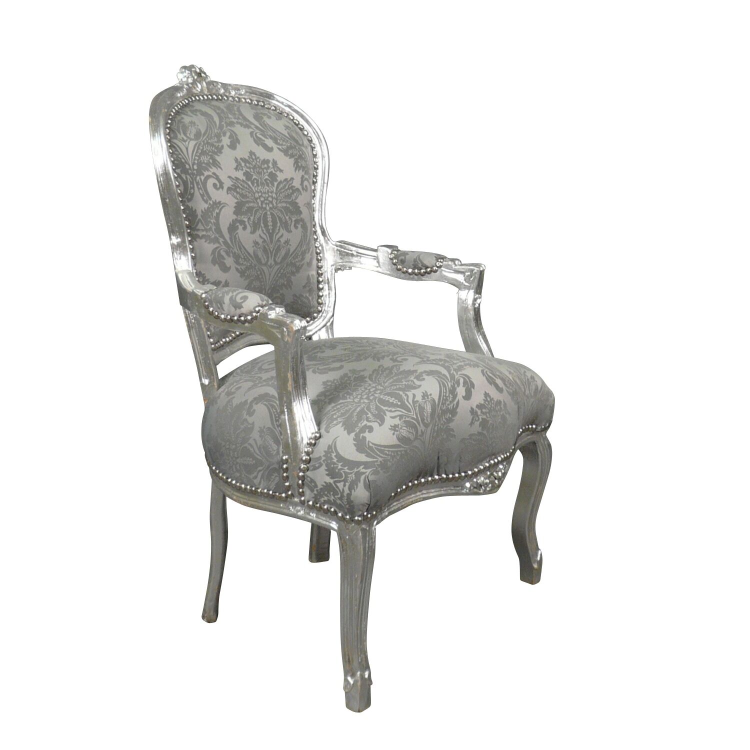 Fauteuil Louis XV gris satiné 3 Fauteuil Louis XV tissu velours gris - Sièges de style en bois massif -