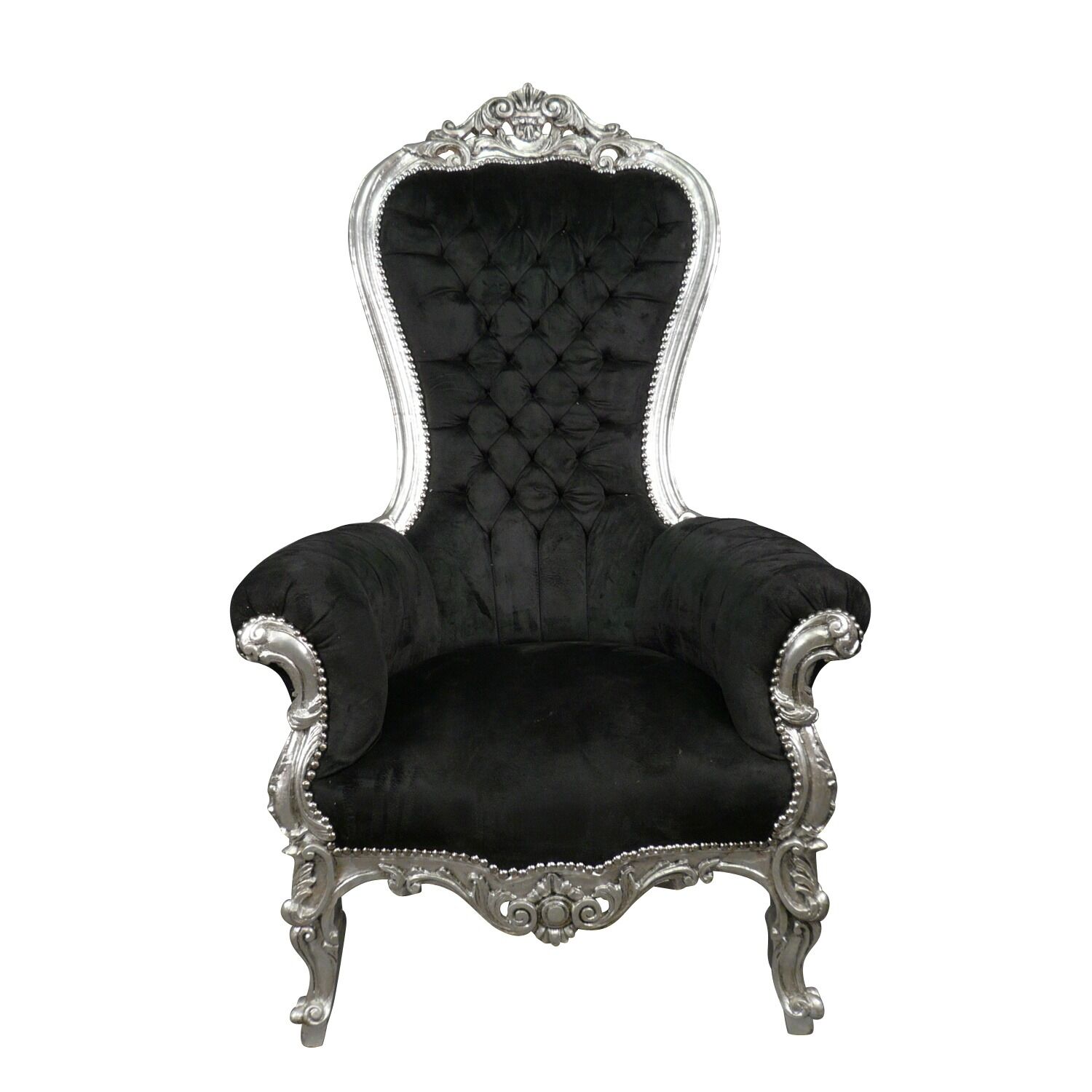 Fauteuil baroque Trône en velours noir et bois argenté -