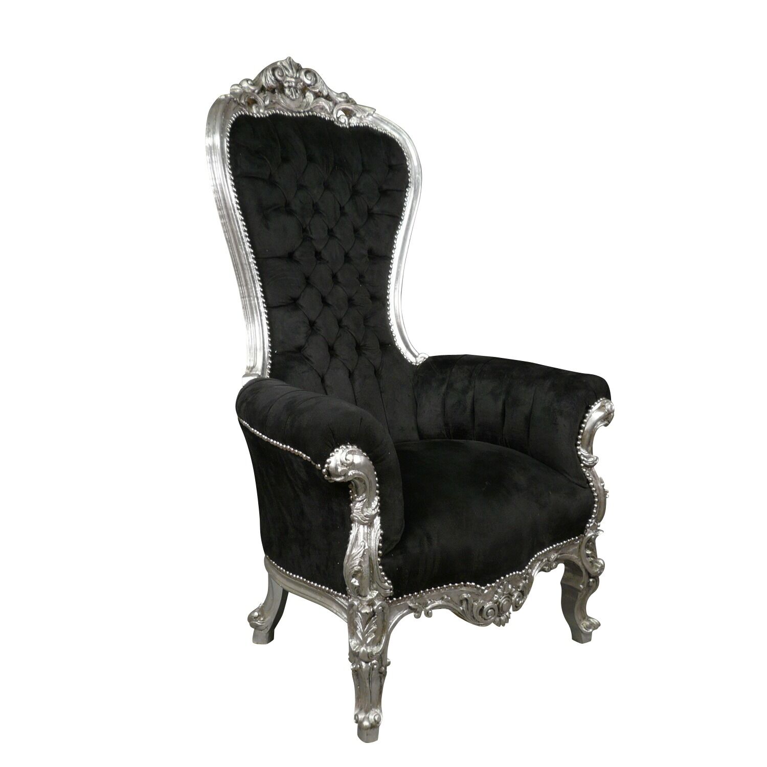 Fauteuil baroque Trône en velours noir 2 Fauteuil baroque Trône en velours noir et bois argenté -