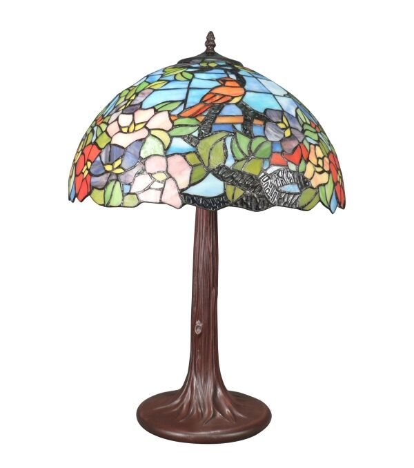 Lampe Tiffany fond bleu avec oiseau, grande lampe en vitrail Tiphanie, style Louis Comfort Tiffany, pied métal patiné bronze