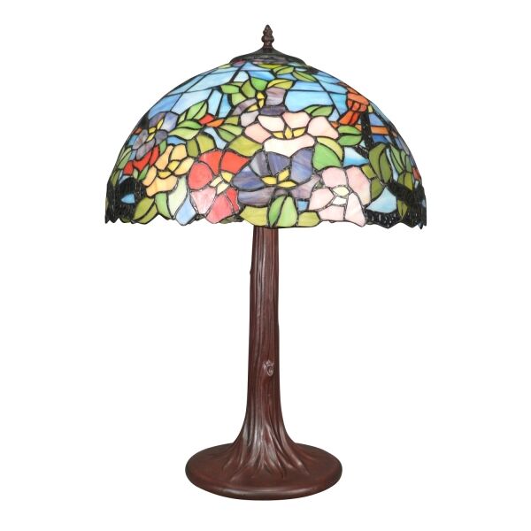 Lampe Tiffany fond bleu avec un oiseau en décor 2 Grande lampe Tiffany avec véritable vitrail bleu et oiseau, pied en métal bronze patiné, style Louis Comfort Tiffany