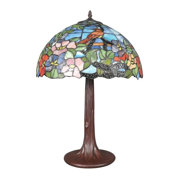 Lampe Tiffany fond bleu avec un oiseau en décor 3 Grande lampe art déco Tiffany avec oiseau, abat-jour en verre bleu, pied métal patiné bronze