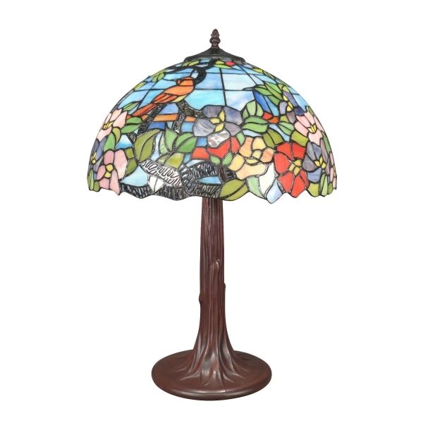 Lampe Tiffany fond bleu avec un oiseau en décor 4 Lampe Tiffany authentique avec oiseau sur fond bleu, lampe en vitrail art déco, base bronze patiné