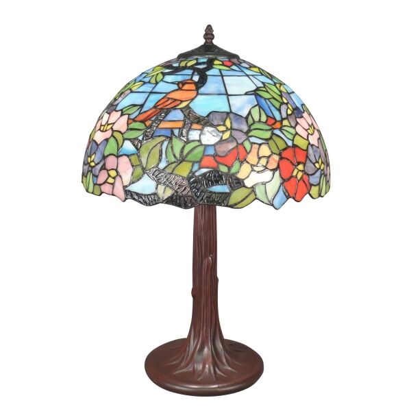 Lampe Tiffany fond bleu avec un oiseau en décor 5 Grande lampe Tiffany oiseau en vitrail, métal patiné bronze, style art déco Louis Comfort Tiffany