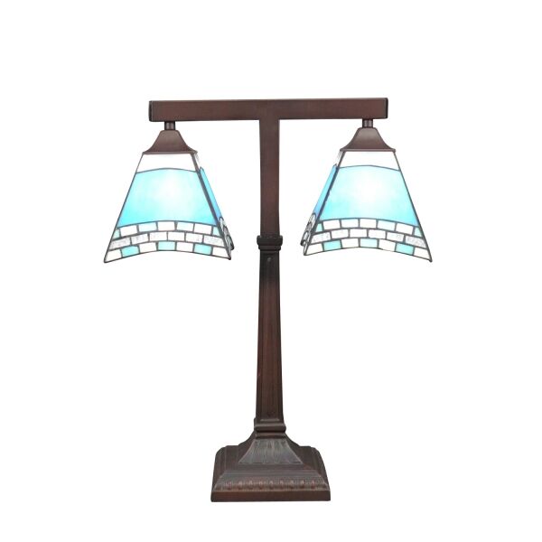 Lampe de bureau Tiffany Méditerranée, abat-jour en vitrail bleu et blanc, base en métal patiné bronze