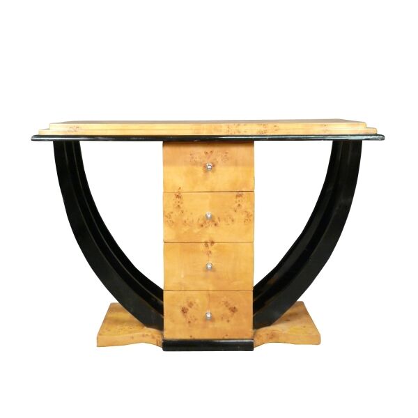 Console art déco -  Console en loupe d'orme et bois laqué noir -