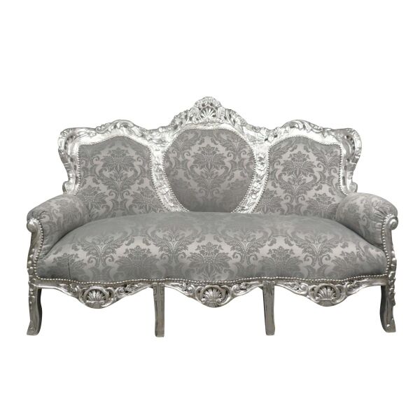 Canapé baroque en bois argent et tissu gris fleuri -  Canapés baroque