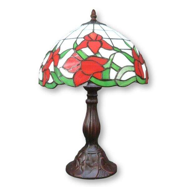 Lampe Tiffany aux tulipes 2 Lampes style Tiffany aux tulipes - Lampes Tiffany décorative avec tulipes rouges et vitrail blanc et vert