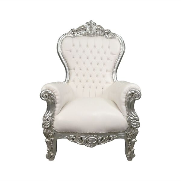 Fauteuil baroque trône blanc et bois argent 1 Trône baroque blanc et bois argent - Meuble baroque