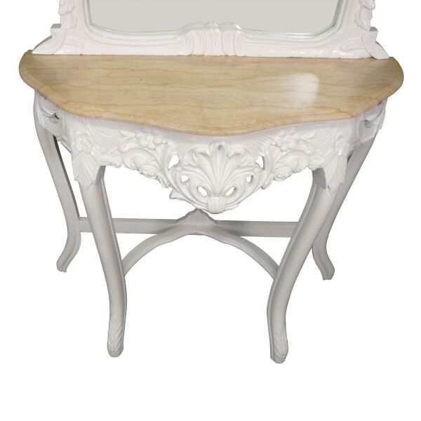 Console baroque blanche avec un marbre beige 4 Console baroque blanche marbre beige en bois massif sculpté