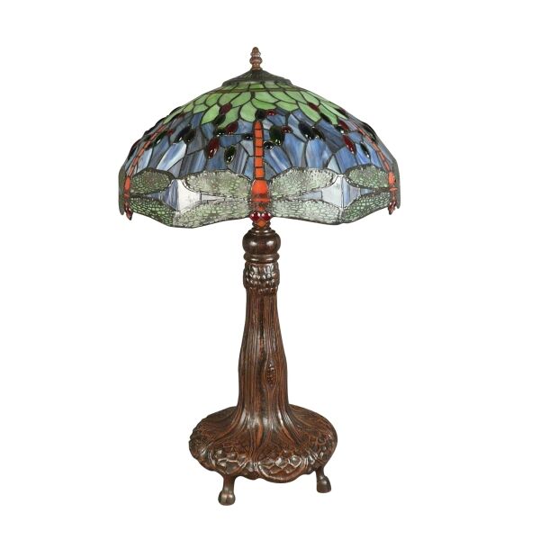 Grande lampe Tiffany libellules rouges sur fond bleu 4 Lampe Tiffany en vitrail avec libellules rouges, base métal couleur bronze - Lampes tiffany le site officiel