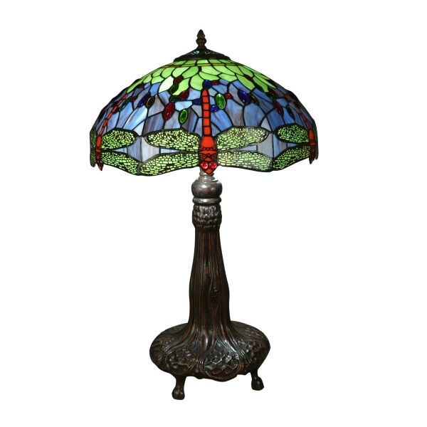 Grande lampe Tiffany libellules rouges sur fond bleu 5 Grande lampe Tiffany libellules vintage - Véritable lampe Tiffany Style antique