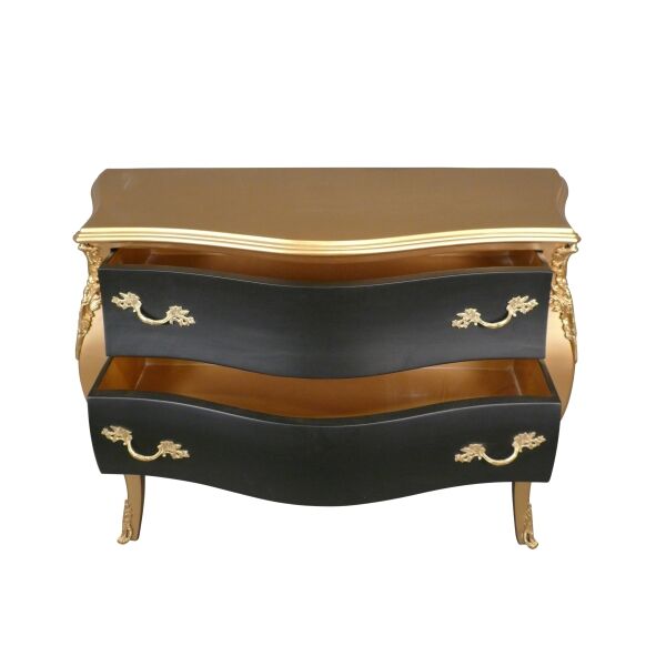Commode baroque dorée avec 2 tiroirs noirs 3 Commode art déco dorée avec des tiroirs noirs