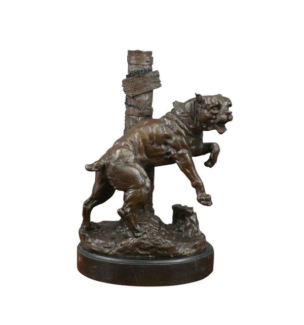 Statue en bronze d'un bouledogue attaché à un poteau - Sculptures -