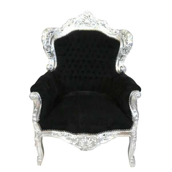 Fauteuil baroque royal noir et argent 1 Fauteuil baroque royal noir en bois sculpté argenté - Meuble baroque