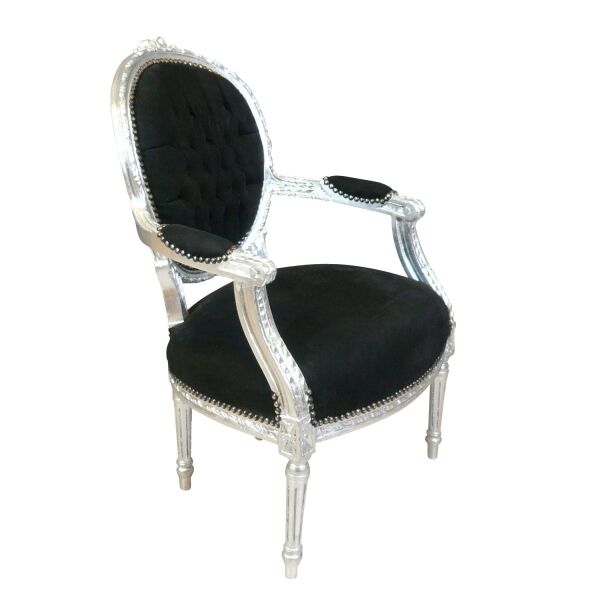 Fauteuil Louis XVI en velours noir et bois argenté 3 Fauteuil Louis XVI en velours noir et bois argent