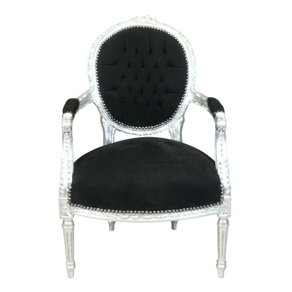 Fauteuil Louis XVI en velours noir et bois argenté