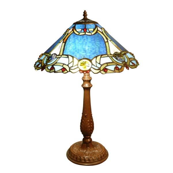Original Tiffany lamp with Tiffany blue stained glass on a bronze colored base.